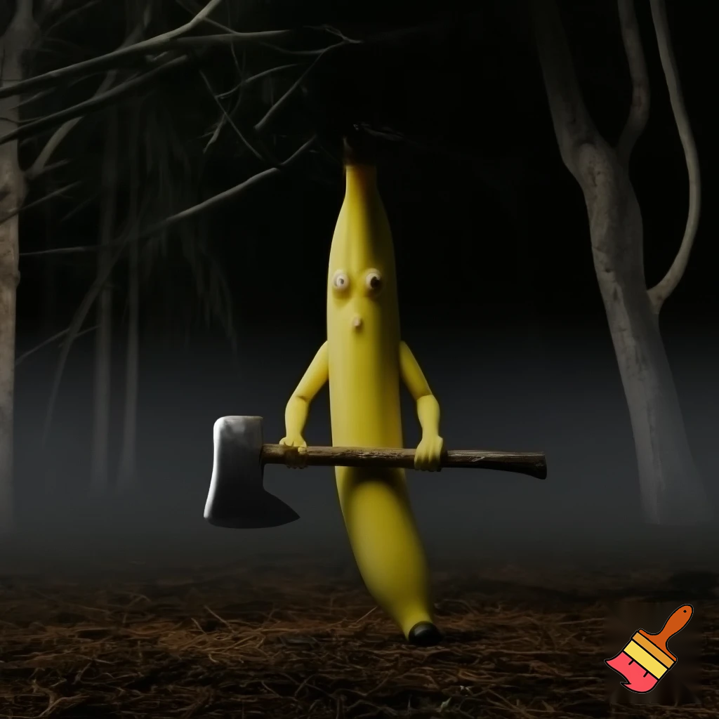Banana man holding a axe in the woods it night