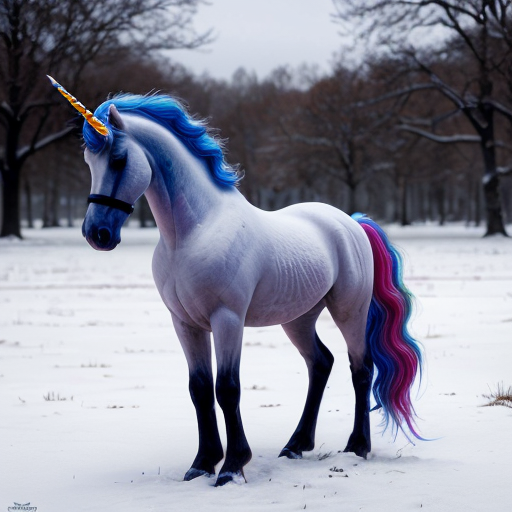unicorn in a snowy field, photorealistic