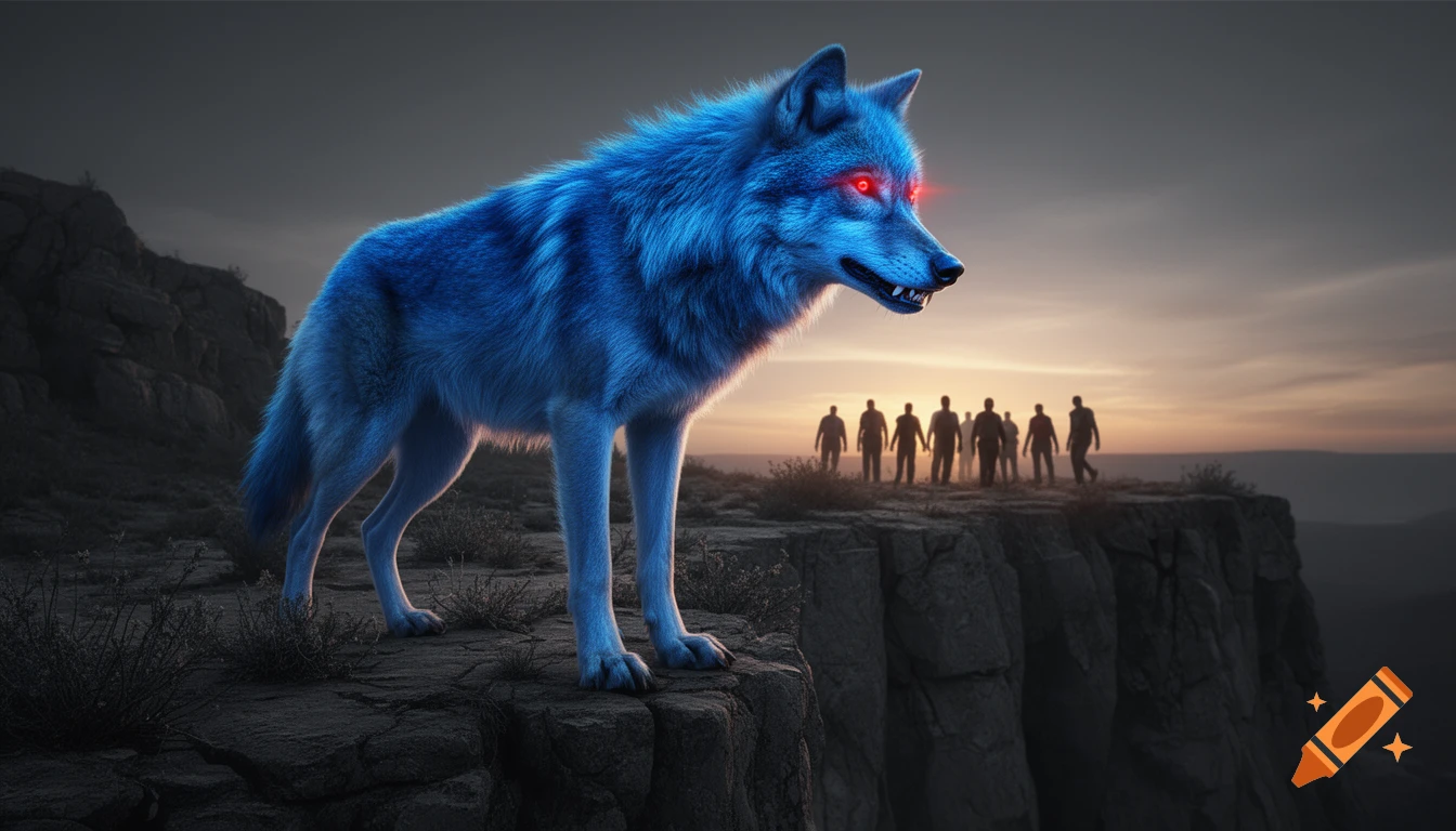 A wolf with glowing blue fur, glowing red eyes and gleaming fangs. The wolf is on the end of a rocky cliff with people coming towards him