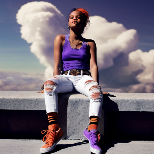 Rihanna orange tanktop belt blue mini jeans purple socks orange and white sneakers on a sitting Cloud in the Sky
