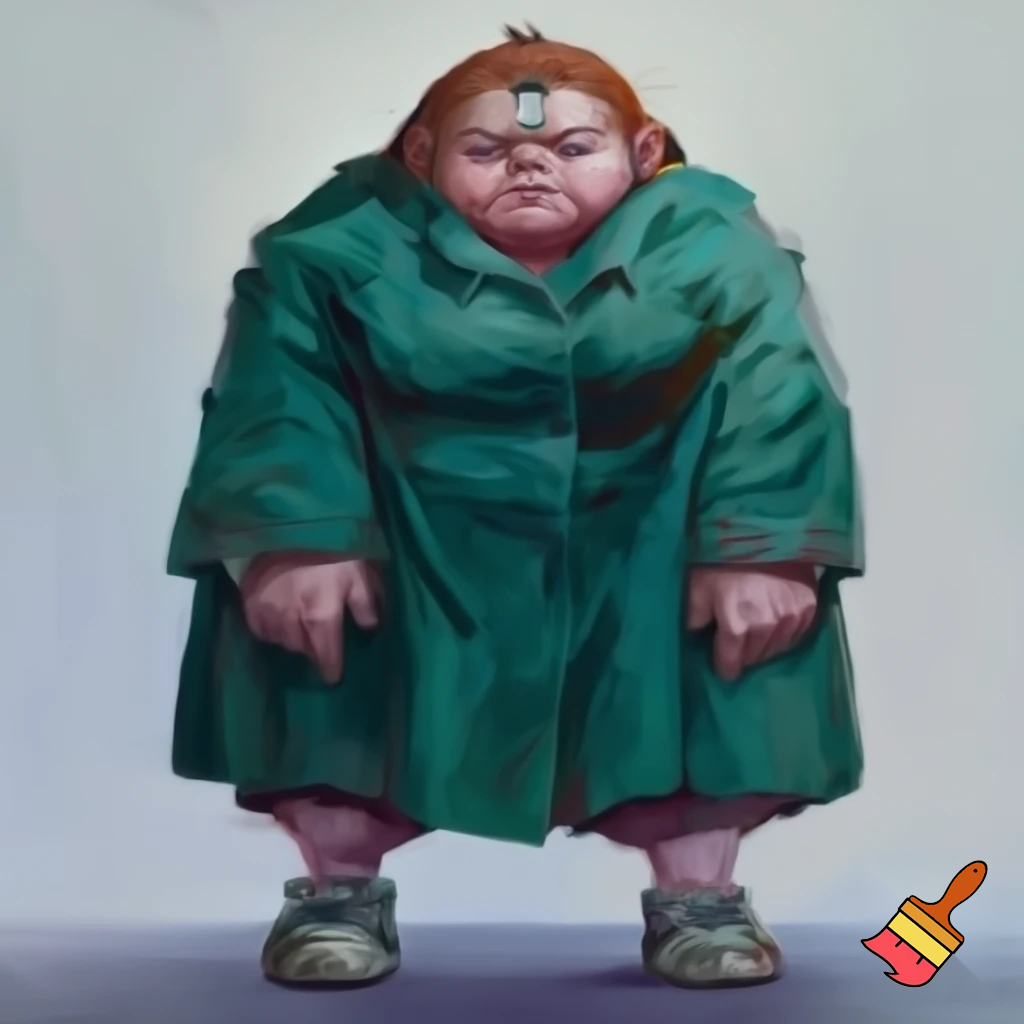 A fat lady that wears a green coat, has bulging ankles, dirty sneakers, loose fleshy cheeks, neck covered by fat, sparse red hair pinned back by a plastic barrette, tiny face features, small blue eyes, and looks intimidating.