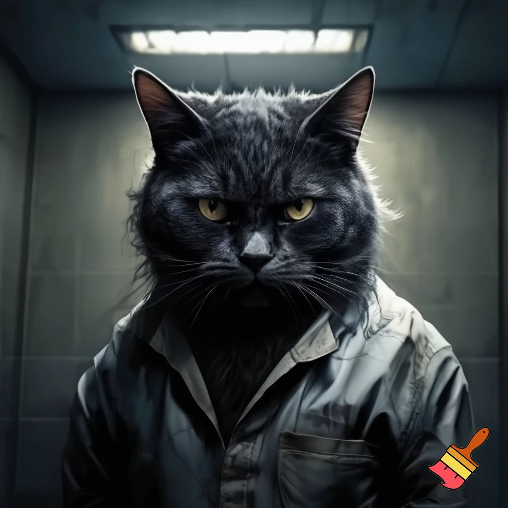 evil, sinister, strong, cat in a police mugshot staring with dim lights jail suit