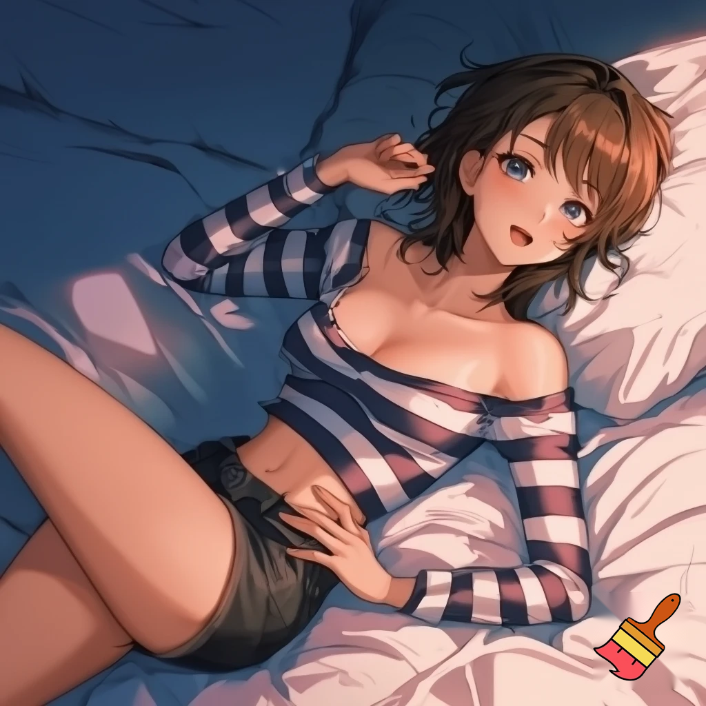 Anime girl 20 years old so cool and cute with cool striped off shoulder thigh shirt and cool very short black jeans in bed make is so cool and so cool and so so so so so cute