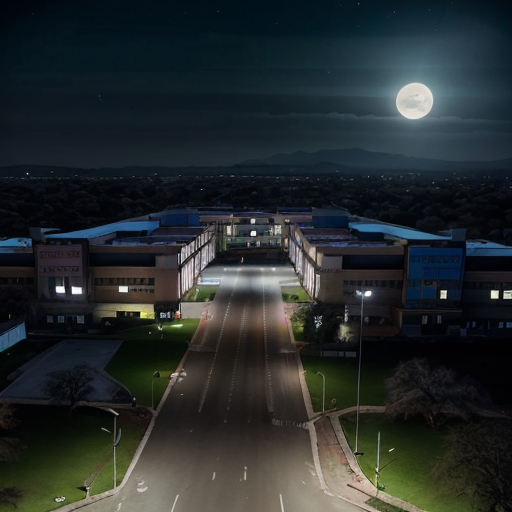 Night aerial view of a large engineering university campus, academic buildings, boys hostel, empty roads, cold blue moonlight, eerie atmosphere, cinematic animated horror movie style, Khooni Monday style