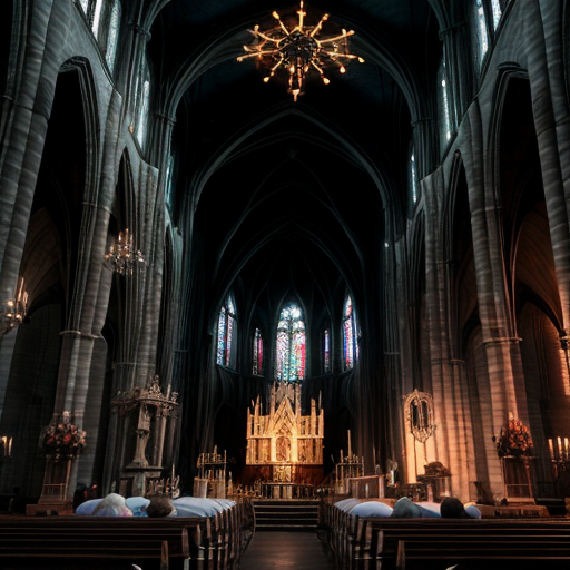A 9:16 aspect ratio pic of Photorealistic wide-angle shot of a grand gothic cathedral interior. Floating above the altar is a massive, surreal amalgamation of fleshy, intertwined human bodies and bloody tendrils. The agonizing figures form a grotesque mass of body horror, suspended by thin red veins dripping from the vaulted ceiling. In the foreground, a congregation sits in the wooden pews, watching the macabre spectacle. Cinematic lighting, hyper-detailed, 8k resolution, dark horror aesthetic