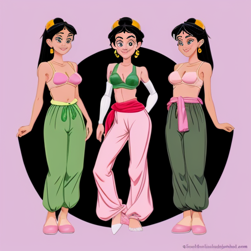 90's disney's 2d aladdin style image black background and of a three headed black haired ponytail woman with green skin,green harem pants pink bra and pink sash and pink curved slippers