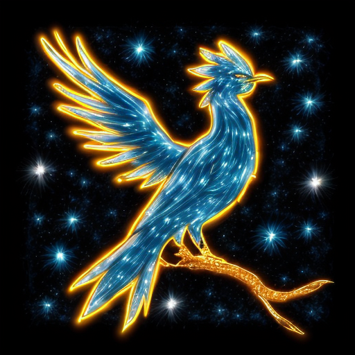 a magical spirit blue bird phoenix glowing and  transparent like smoke with a black starry night sky background