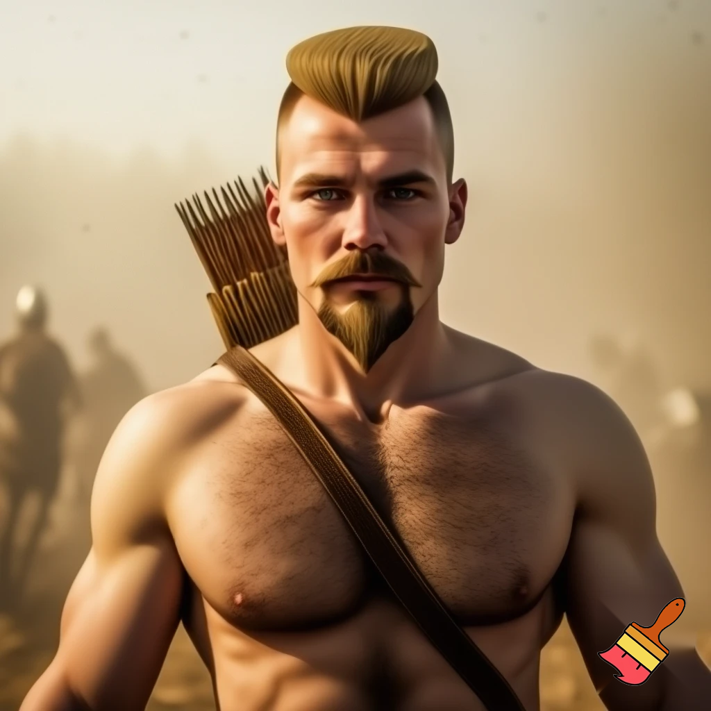 A photograph captures a muscular medieval archer from the chest up, standing shirtless in a bright battlefield setting. He has fair skin, a defined hairy chest, a strong jawline, and a pointed goatee connected to his mustache with clean-shaven cheeks. His blond flattop haircut is slightly longer on top, military-style. A leather quiver full of arrows is slung across his back, and a leather strap crosses his chest. The lighting is warm and natural, with a neutral facial expression and a softly blurred background showing soldiers and dust in the air.