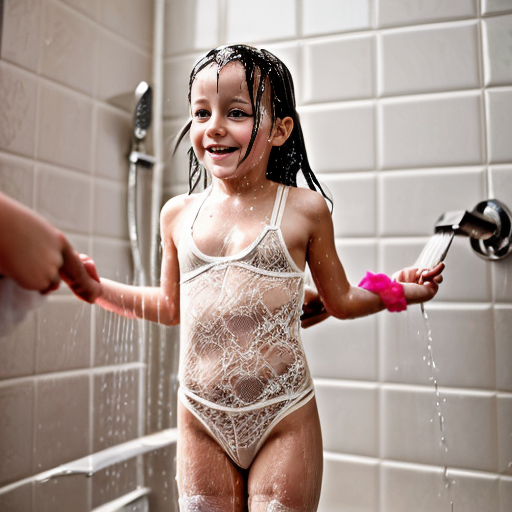 Genera la imagen real en alta definicion de 3 niñas rubias de 6 años, jugando en la ducha, vestidas con lenceria de encaje