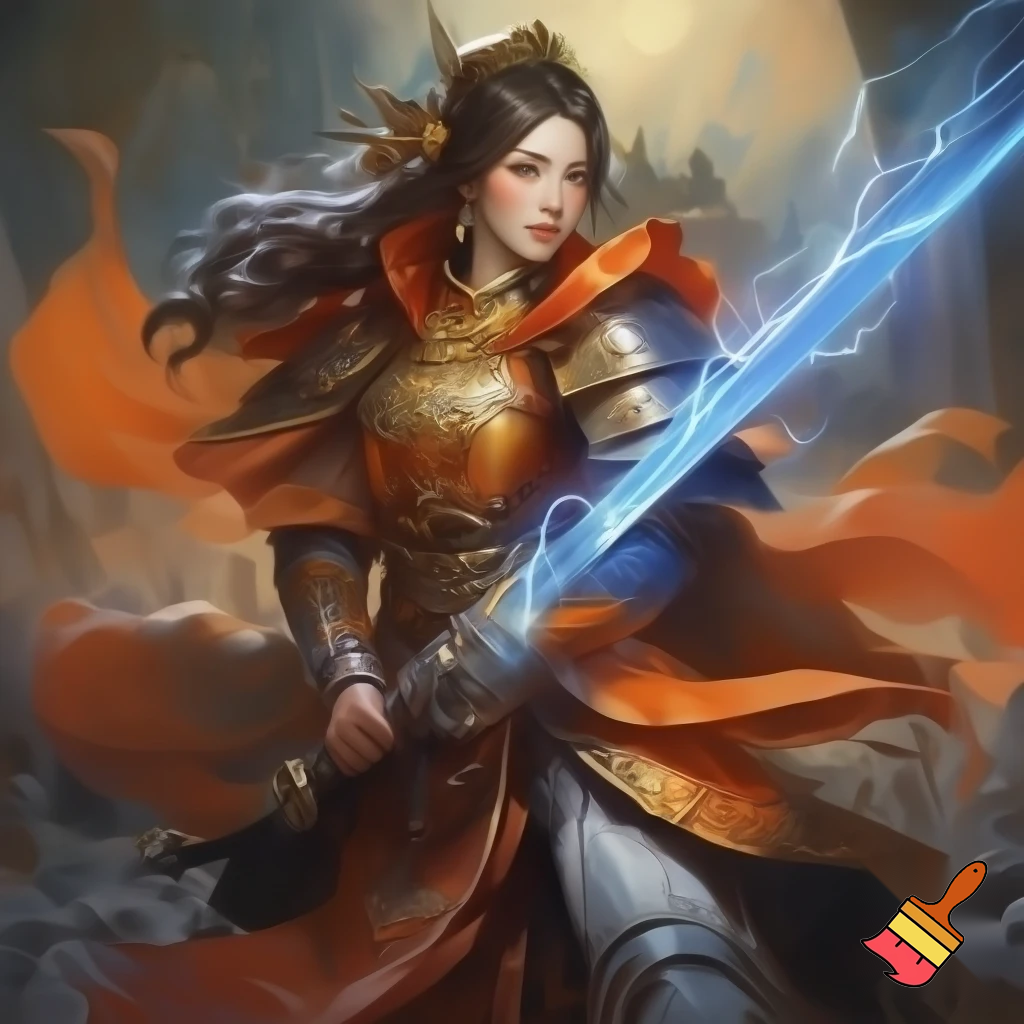 Golden orange crusader princess. Chinese style armor. Dynamic stance. Glowing blue sword. High quality. In the style of dungeons and dragons.