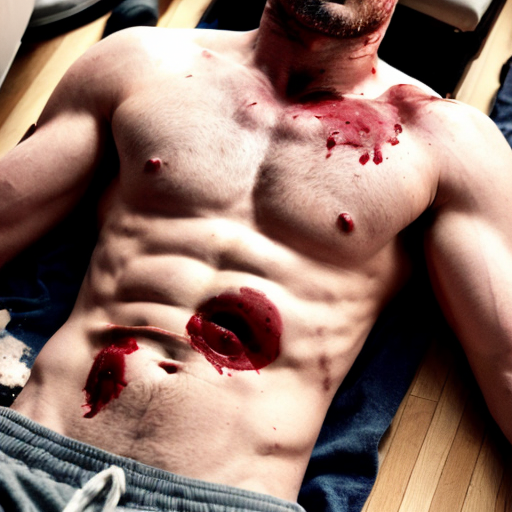 shirtless random man (neighbor, not everyone has 6 pack.), face are hiding by shirt, died already, chest are open wounded circle, blood everywhere, eye closed, floor (on random place like empty place) on corpse body.