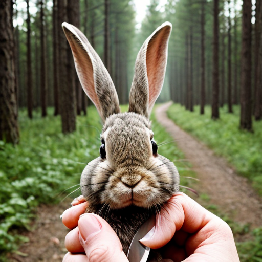 European rabbit, holding knife, forest