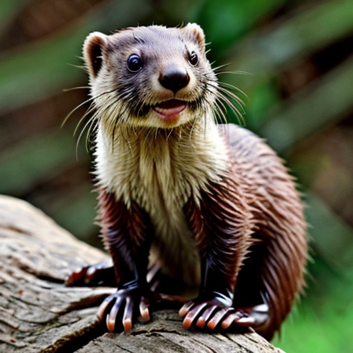 An image of one large and carnivorous species, of placental mammal, in the carnivore placental mammal order (Carnivora), and in the weasel family (Mustelidae). Which it look like a mix of four species, of carnivore placental mammals, in the weasel family (Mustelidae). The four species, of carnivore placental mammals, in the weasel family (Mustelidae), are the wolverine, or Gulo gulo, the honey badger, or Mellivora capensis, the European polecat, or Mustela putorius, and the yellow-throated marten, or Martes flavigula. And it look like a mix of two species of otters, in the weasel family (Mustelidae). The two species of otters, in the weasel family (Mustelidae), are the African clawless otter, or Aonyx capensis, and the giant Amazonian river otter, or Pteronura brasiliensis.