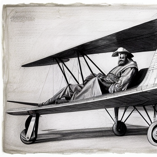 Make a sketch of Leonardo da vinci leaning on the wright brothers airplane
