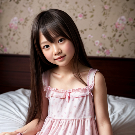 japanese little girl, long hair, nightdress, bedroom background