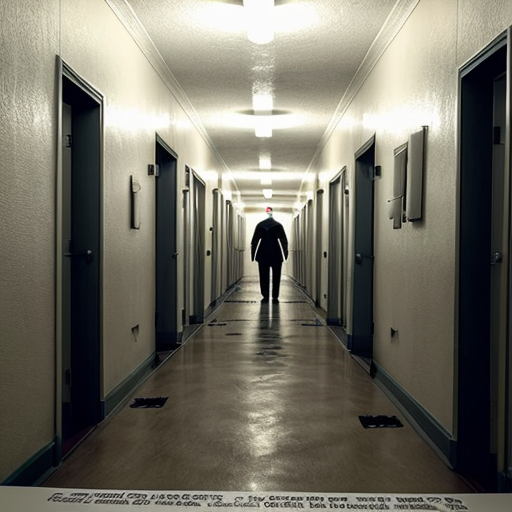a vey scary mental hospital hallway with 6 silouttes of people with needles make it scary
