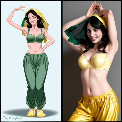 90's disney's 2d aladdin style comic black background and panels of panel 1 tiana with dark green harem pants and bra and curved slippers with both hand palms place together and hiding the bottom of her mouth with a dark green veil wrapped around her arms and attached to her head. 
panel 2 she danced with dark green harem pants barefoot with dark green bra and dark green curved slippers dark green veil wrapped around her arms and shoulders and raising legs and bounced up and down her belly and shook her hips left and right. 
panel 3 as tiana with dark green harem pants and bra and dark green curved slippers and spreading her arms, happily revealing her face to the viewer and giving a smile as she turns around shook her butt left and right. 
Panel 4 as tiana  with dark green harem pants and bra and dark green curved slippers started to fading away , except her belly, which is bouncing around. 
Panel 5 then the ball transforms into the fading in belly of snow white  with yellow harem pants and yellow bra and yellow curved slippers and a yellow veil wrapped around her arms and shoulders with her swaying her hips. 
Panel 6 snow white  with yellow harem pants, yellow bra, yellow curved slippers and yellow veil wrapped around her arms and shoulders gives a smile and winking her left eye 