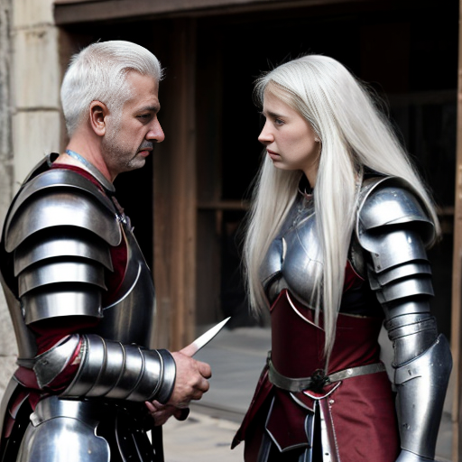young, tall, white-haired woman in armor is sad because a Turkish man stole her knife.