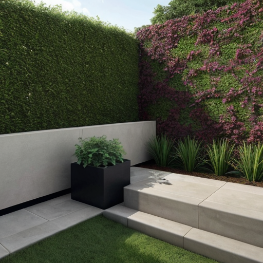 Realistic natural garden, excavator removed.
Green lawn in the center.
Low natural sandstone wall about 50 cm high along the top and right side.
Dense shrubs between wall and fence for privacy.
