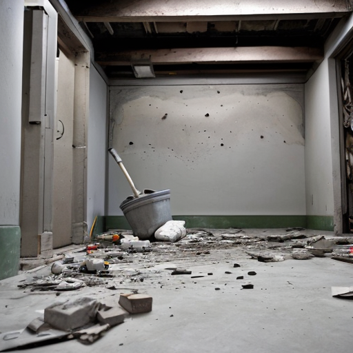 A chaotic construction site. A raw, dark-grey concrete subfloor, severely cracked and spalling. Piles of gray dust, scattered brick debris, an empty sack labeled "CEMENT," discarded paint buckets, and bare, unpainted walls.