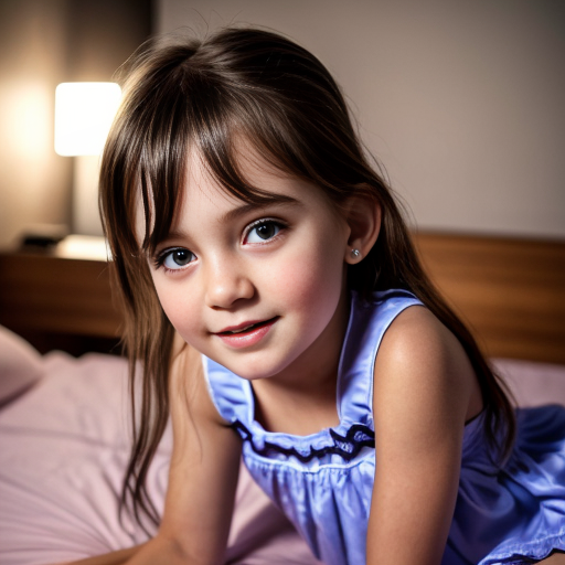 Brazilian little girl at night dress, very beautiful, on the bedroom, close up