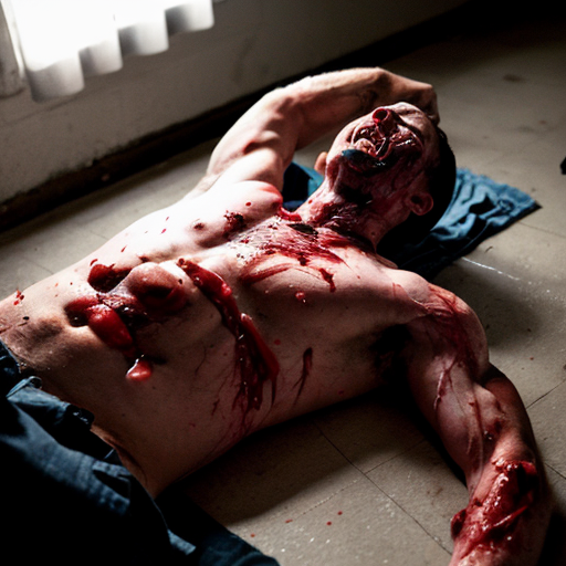 A gangster lifeless man body on floor, shirt pull into shirtless, opened wounded making exposed ribs and gore on center chest, blood bleeding mouth, both eyes closed.