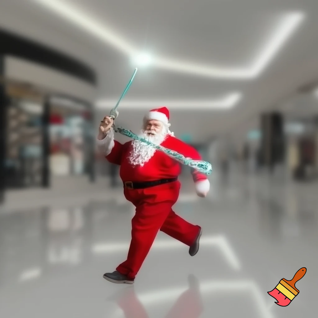 Santa Claus running with the walking stick running with his magic walking stick walking in the shopping centre with the walking stick magic staff walking stick