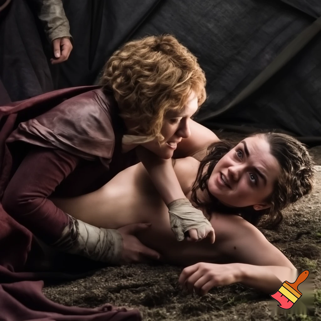Arya Stark and Cersei Lannister are fighting in a tent. Cersei Lannister is lying on top of Arya , pinning her to the ground. Both are naked and wearing hands bandages