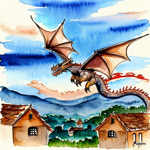 Draw me a mythological dragon flying through the sky above a village, breathing fire on the houses