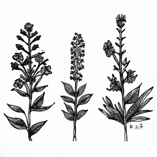 A sketch of multiple wildflowers  in a row. Black and white, simple and hand drawn