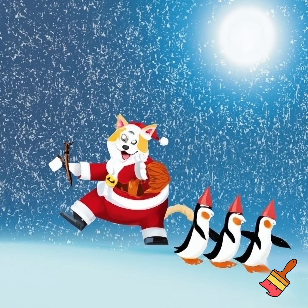 Santa clause dressed as a cat riding a raindeer in the north pole and the raindeer is chasing penguins wearing tinfoil hats
