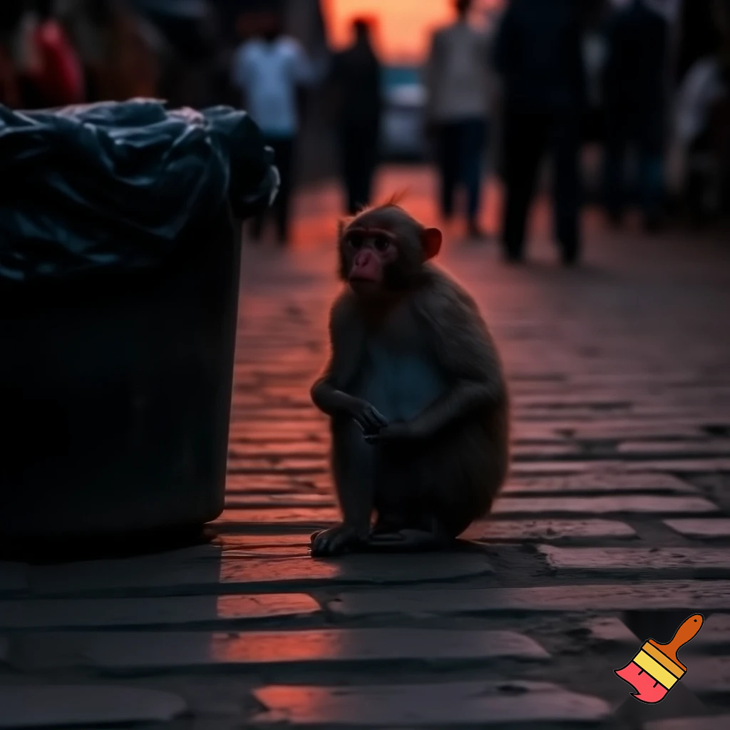 A thin, sad little monkey sitting beside a garbage bin in a small Indian market street at sunset, slightly wet ground after rain, people walking in the background ignoring him, cinematic lighting, emotional atmosphere, realistic art style.
