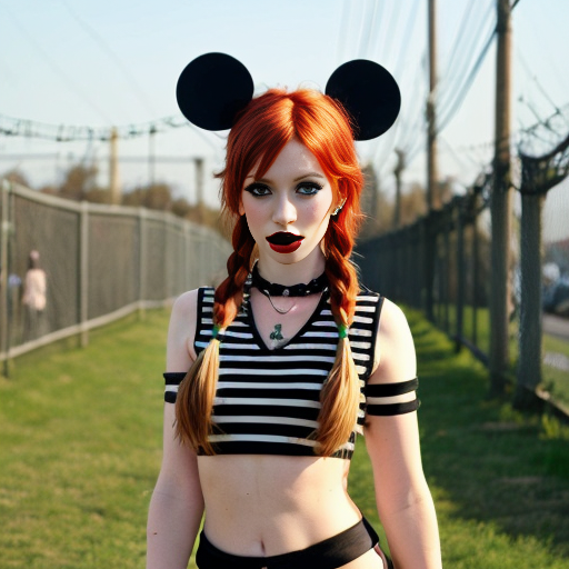 Disney style Tinkerbell, punk rock, thigh high socks black white striped, barbed wire wings, smoking a cigarette , 2 pigtails top of head, red hair 