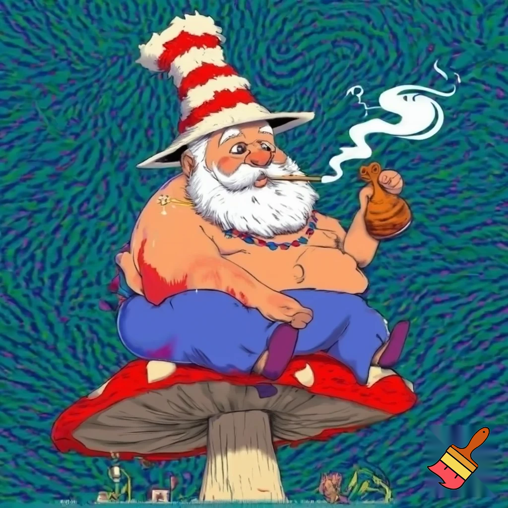Very fat Mexican with white beard and dr Seuss hat sitting on a mushroom and smoking a bong
