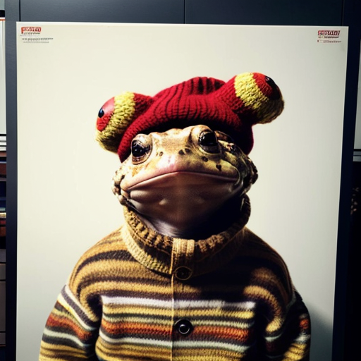 A laughable, puzzled animal toad in woolen, multicoloured winter clothings with woolen, funny winter cap. Hyperrealistic art style.