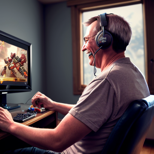 Create an image about an adult playing video games nostalgic and happy at the same time.