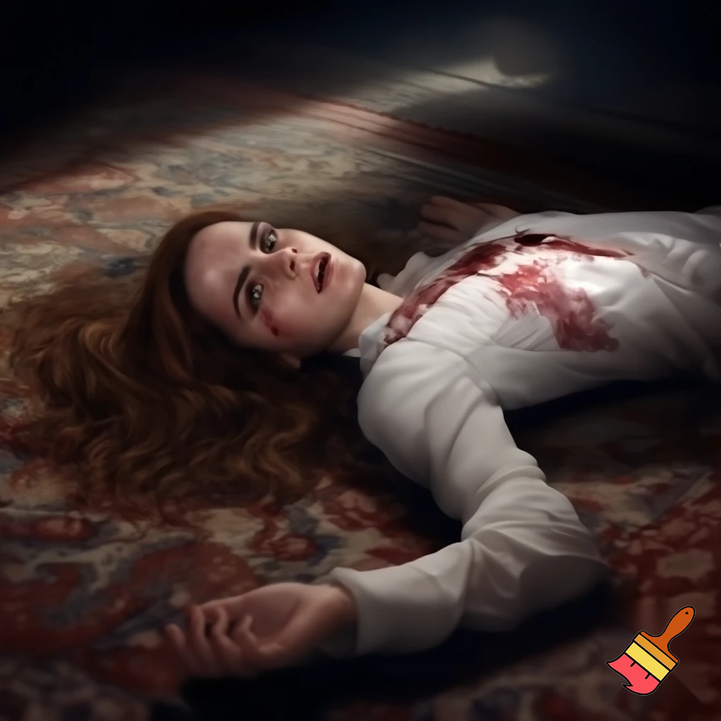 beauty Emma Watson as Hermione lay sprawled across the carpet, her petite body taut with the force of the bullet that had ripped through her tender left breast. Blood seeped from the neat entrance wound, staining her elegant white blouse a deep crimson. The fabric of her bra, a delicate lacy number, was visible as the shirt rode up to expose more of her pale skin.
Her legs were splayed, ankles crossed, in an unnatural pose that accentuated her curves. The way she'd fallen, face down, her long auburn hair fanned out like a halo over the floor. It was a strangely beautiful tableau, marred only by the dark stain growing larger between her shoulder blades, an omen of the brutal violence that had claimed her life.
Her face was turned to the side, the perfect porcelain complexion now marred by a look of shocked terror. Her eyes, those piercing hazel orbs that always seemed to hold a thousand thoughts and emotions, were wide open and staring, unseeing. The bridge of her elegant nose was a gruesome testament to the assassin's aim, a small neat hole, perfectly centered, a fatal kiss of steel and lead.
The eyes rolled slightly, the gaze slanting toward the bridge of the nose, as if Hermione's brain was trying to comprehend the unfathomable pain, the sudden cruel invasion of her body, the very seat of her being. The glassy stare was a mix of horror and defiance, a final and futile attempt to resist the inevitable, to will herself back to life, to transcend the cold embrace of death.
Her lips, usually pursed in concentration or curled in a wry smile, were parted in a silent scream, the pale column of her throat exposed, the delicate tendons and pulsing veins a stark reminder of life's fragility.
Every contour of Hermione's body was etched in death's chill, each detail amplified by the stark lighting and the cruel stillness of her pose. She looked impossibly lovely, even in the face of such terror and tragedy, a fleeting snapshot of a life brutally extinguished before its time. The escalating crimson stain on her white blouse was a grim reminder of the sacrifice she made, her elegant form now a macabre canvas for the evil that had unfolded.