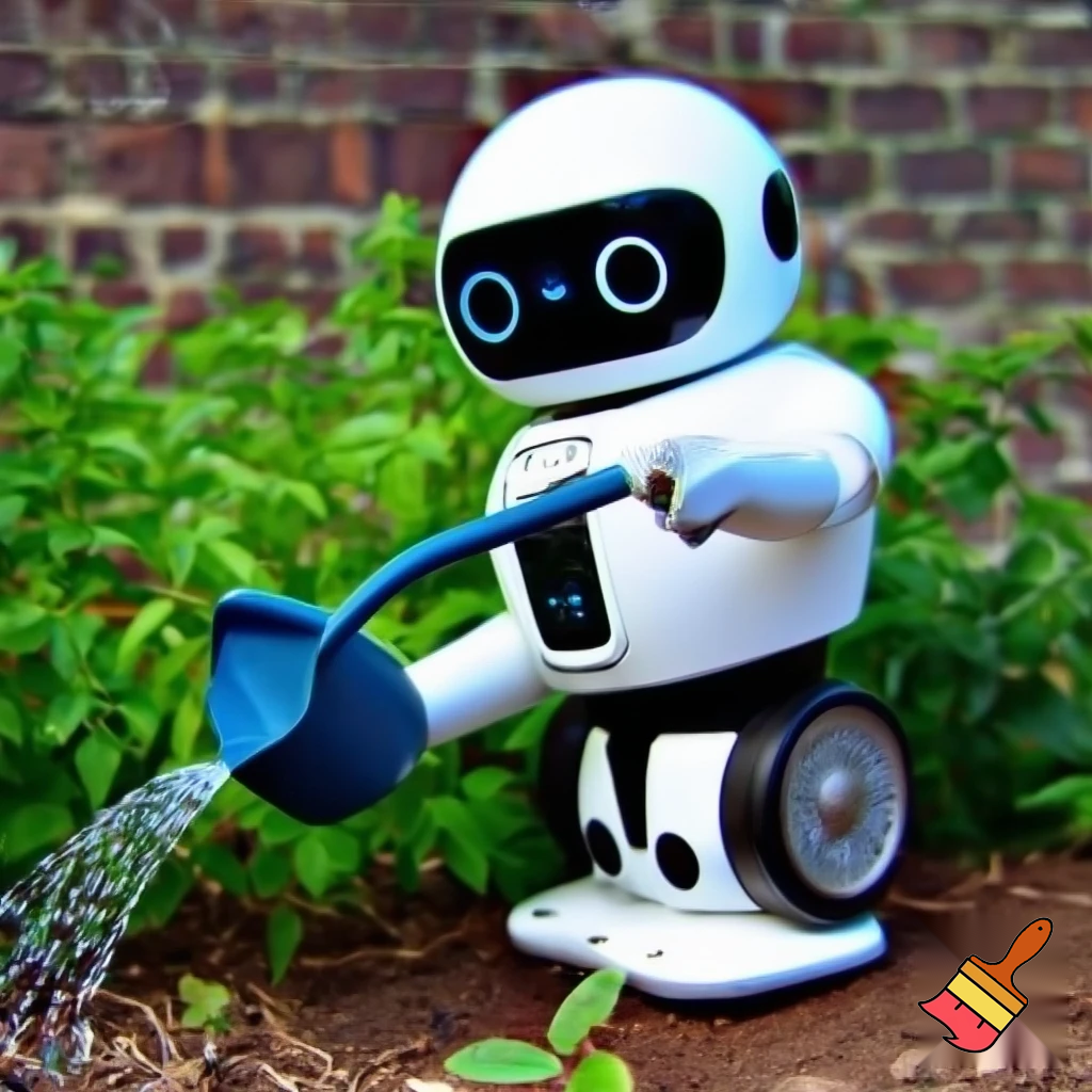 Un robot assistant qui arrose une plante... en plastique.