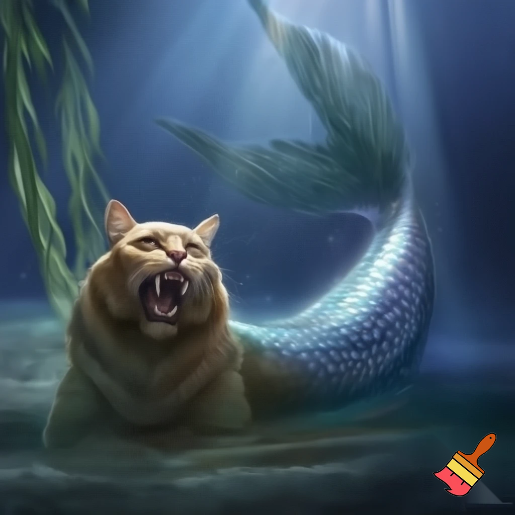 A cat with lions teeth and mermaids tail