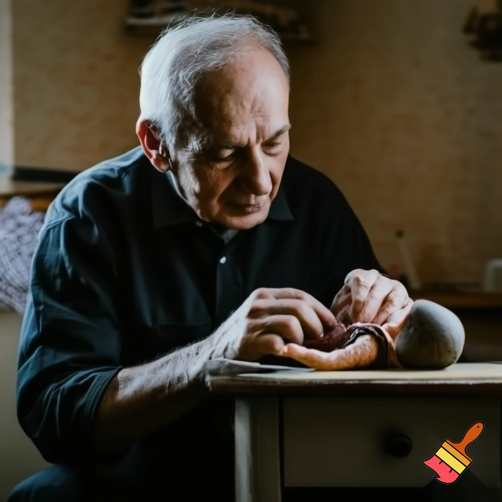 A realistic photograph of an elderly man sitting at a small wooden table, gently repairing a broken doll.
The scene looks natural and lifelike, with soft daylight coming from a nearby window.
The man’s face is warm and kind, with detailed wrinkles and calm eyes.
The background shows a simple cozy room with a nostalgic atmosphere.
Realistic lighting and natural colors.