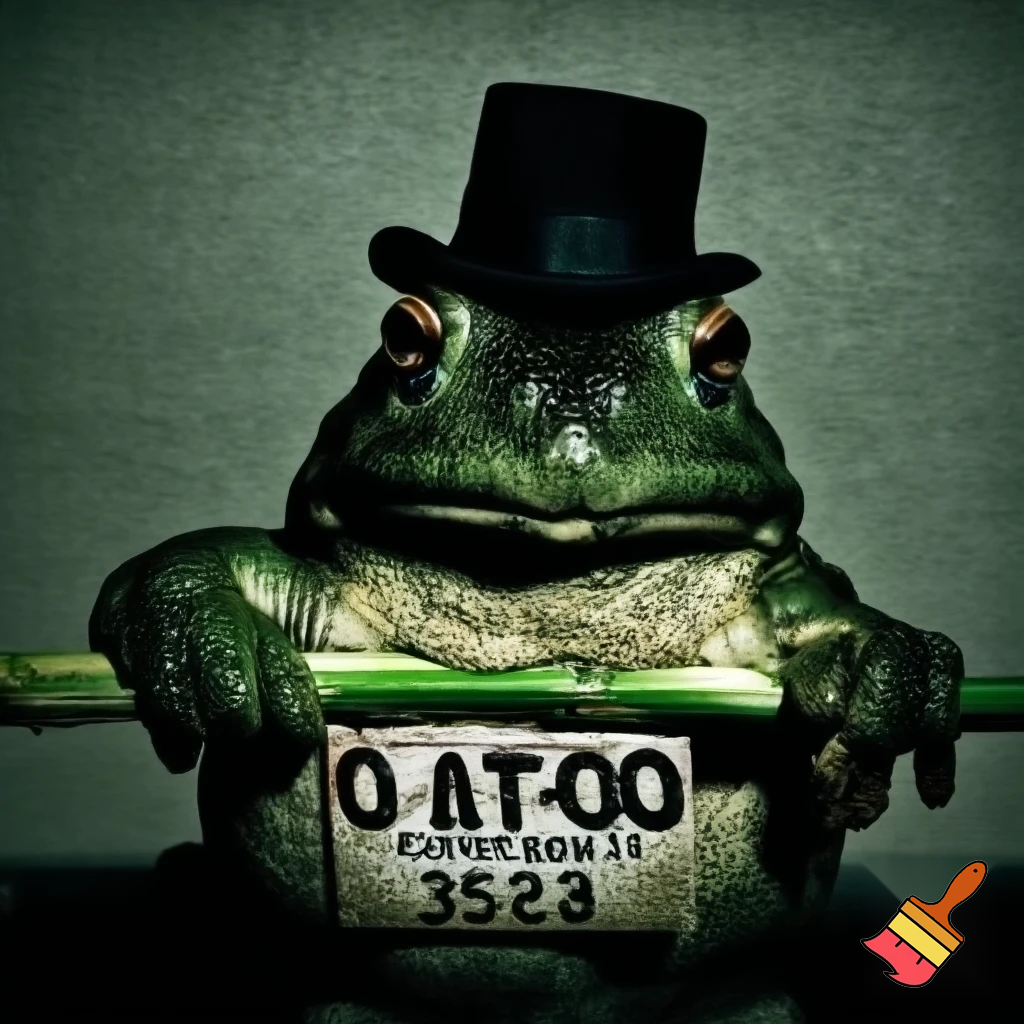 a toad with dark green skin and small little light green glands with a frown smoking sugercane plant with a short tophat in a mughshot  dont make the frog hold the sugercane put it in the toads mouth and make the toad hold a sign saying Cane Toad with the number 659098 and make sure to put in a mughshot