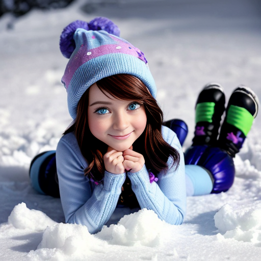 Create a pinkie pie equestria girls wearing light blue knit hats, light blue winter jacket, light blue mittens, purple pants and light blue boots in on back - lying down snow and making a snow angel in eyes closed and tooths grinw
