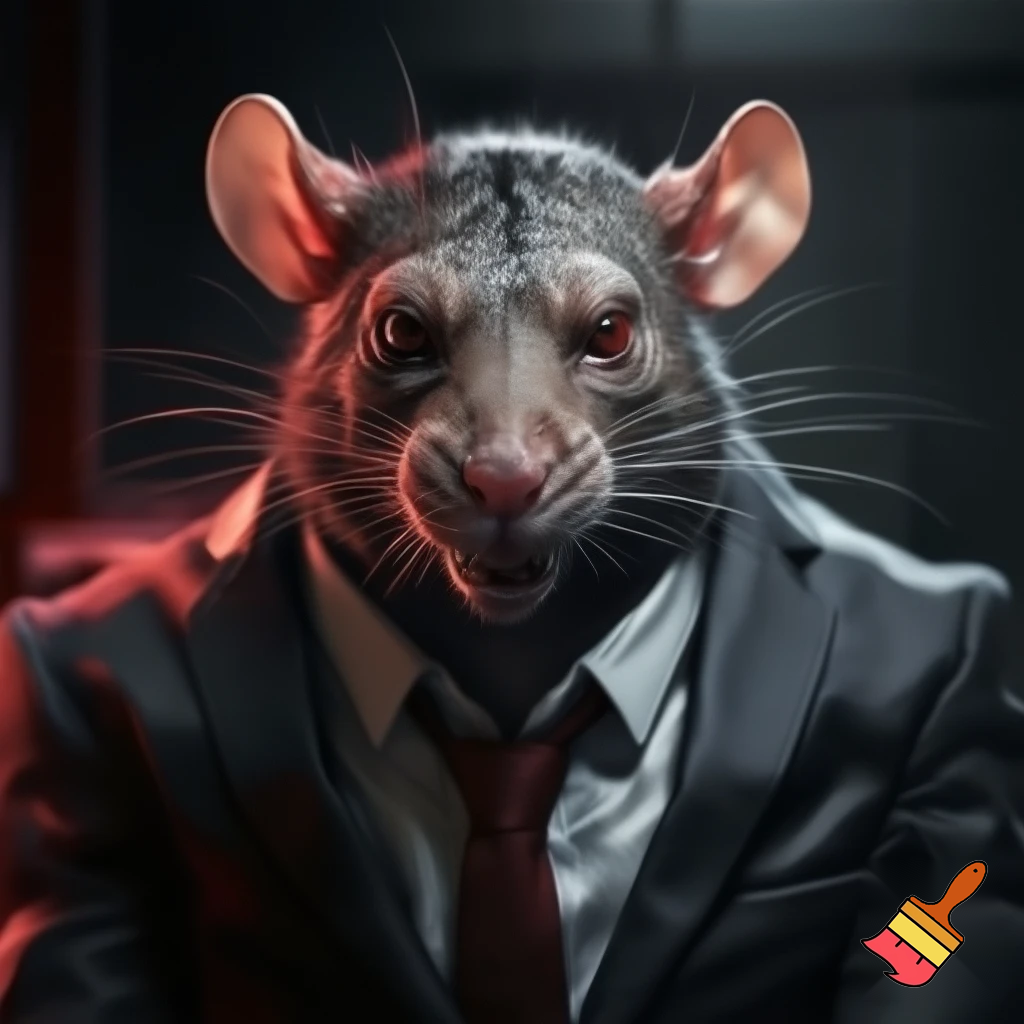 fierce smirking rat, neat business suit, mugshot red eyes, sinister  MUGSHOT 