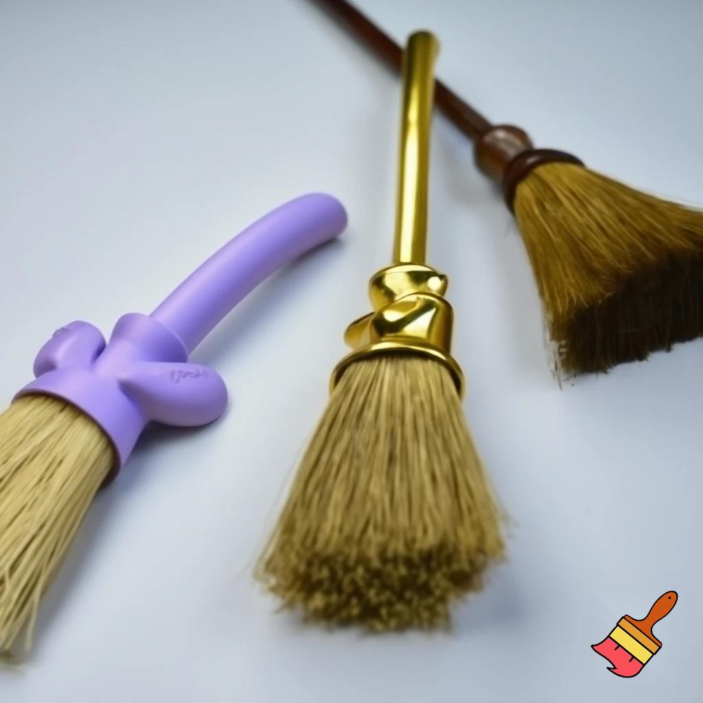 Broomstick, gold broomstick and purple Easter bunny broomstick