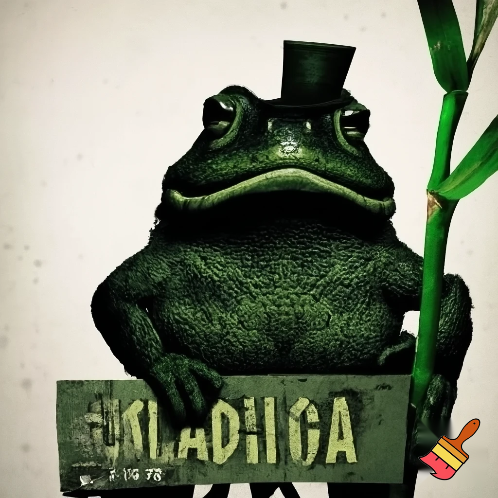 a toad with dark green skin and small little light green glands with a frown smoking sugercane plant with a short tophat in a mughshot  dont make the frog hold the sugercane put it in the toads mouth and make the toad hold a sign saying Cane Toad with the number 659098 and make sure to put in a mughshot