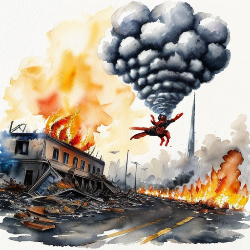 a superhero flying while  carrying a dog from a bomb explotion. show a destroyed city in the baground  horrizon up in flames and make the whole pictur have colour

