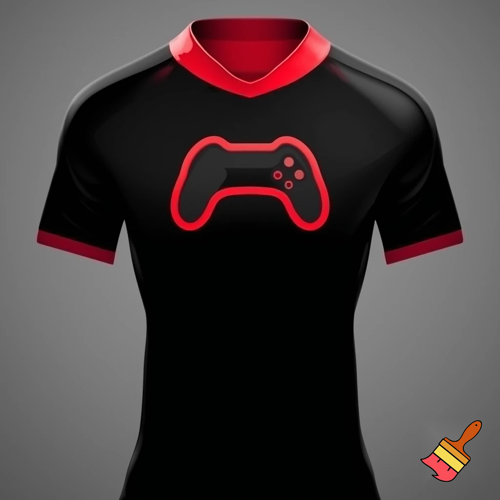 Crea una maglia da calcio nera con un colletto alto rosso e altri dettagli in rosso. È nera. Al centro ha un controller da videogiochi nero con i contorni che richiamano il colore del colletto. Fai vedere tutta la maglia