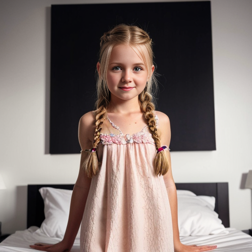 swedish blonde little girl with braids and night dress, on the bedroom
