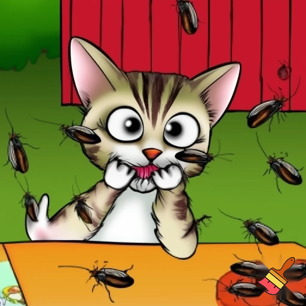 image cartoon humour gros yeux d'un petit chat qui pique des gateaux sur la table lors d'un anniversaire d'enfant en plein air