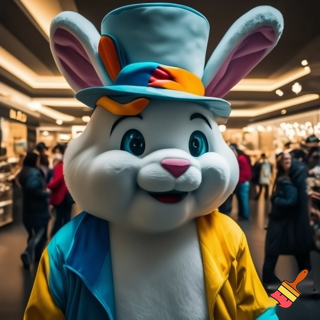 Easter bunny mascot costume top hat shopping Centre colourful jacket  colourful top hat